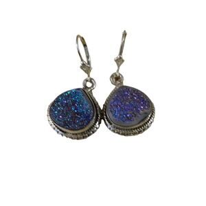 Vintage Sterling Silver Blue Green Purple Gold Drusy Quartz Earrings